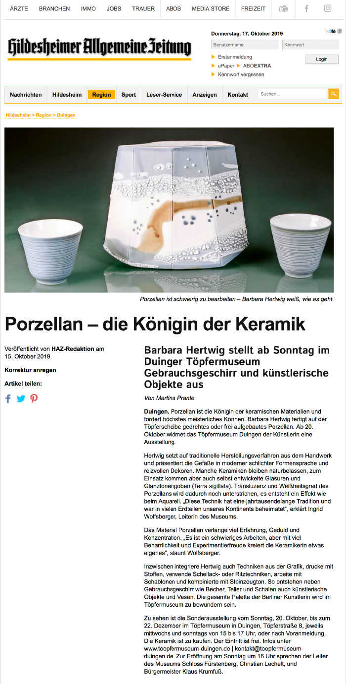 Pressemitteilung in Hildesheimer Allgemeine Zeitung, 10/2019